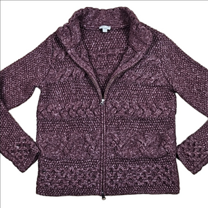 J. Jill Maroon Chunky Thick Cable Knit Zip Front Long Sleeve Cardigan Sweater